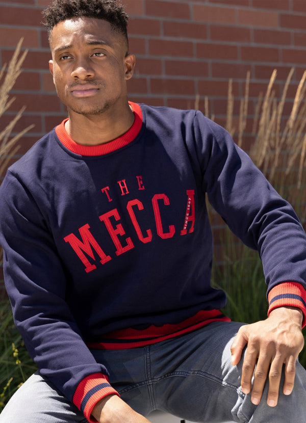 Gilbert Hall Branded Navy Blue + Red THE MECCA Crew Neck Sweater Sweatshirt gilberthall 