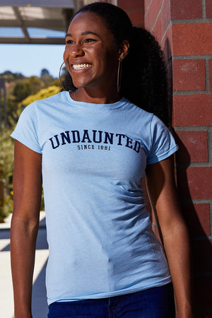 Gilbert Hall Branded Sky + Navy Blue UNDAUNTED Crew Neck Women's T Shirt tshirt gilberthall 