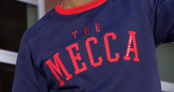 Gilbert Hall Branded Navy Blue + Red THE MECCA Crew Neck Women's Sweater Sweatshirt gilberthall 
