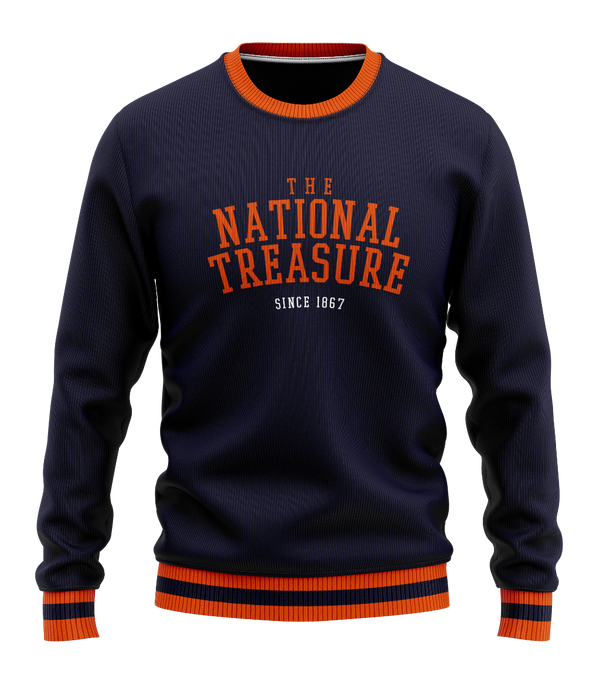 Gilbert Hall Branded Navy Blue + Orange NAT'L TREASURE Crew Neck Sweater